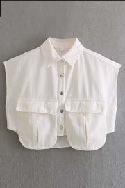Stylish Weekend Denim Button Up Cape Sleeve Pocket Crop Top