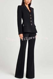 Women Power Metal Cross Snap Button Long Sleeve Lapel Blazer