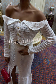 Fashion Knitted Off-the-shoulder Long-sleeved Top and Elastic Slit Maxi Skirt Set
