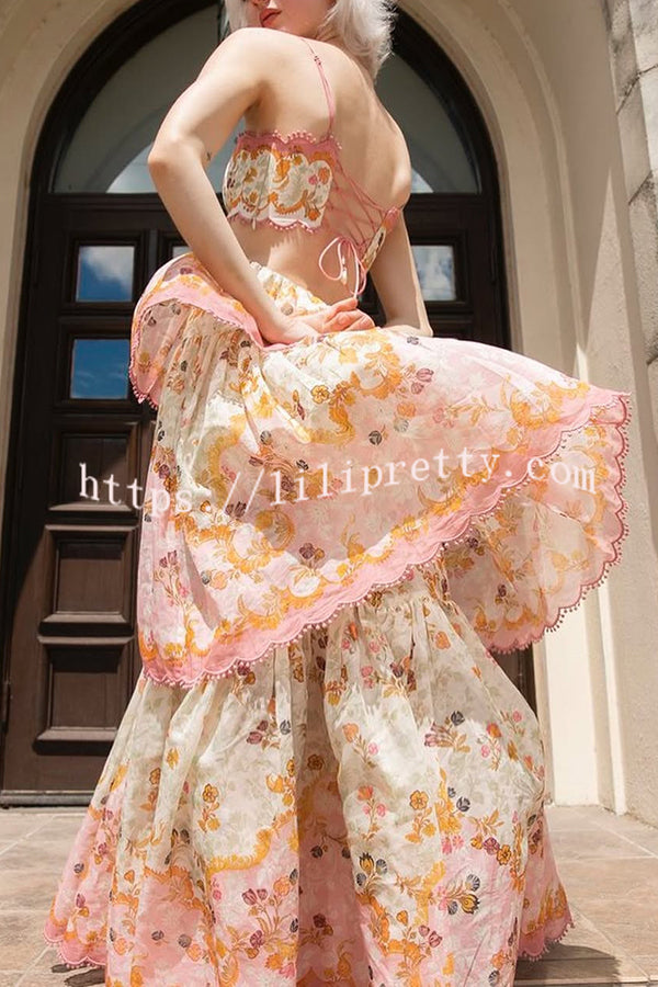 Charming Smile Floral Print Scalloped Lace-trim Back Tie-up Tiered Maxi Dress