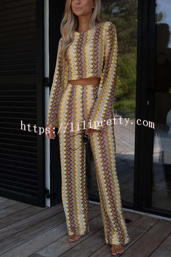 Tamia Knit Colorful Wave Unique Print Crop Top and Stretch Wide Leg Pants Set