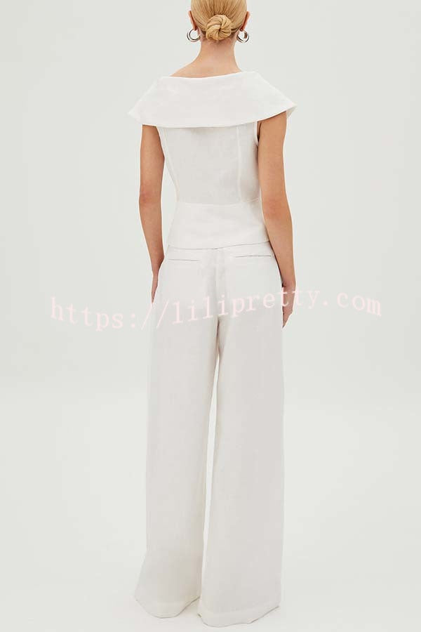 Velena Linen Blend Button Up Lapel Top and High Rise Pocket Wide Leg Pants Set
