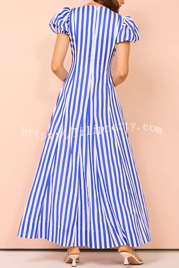 Indulge in Timeless Striped Print Puff Sleeve Pocketed Wavy Maxi Dress