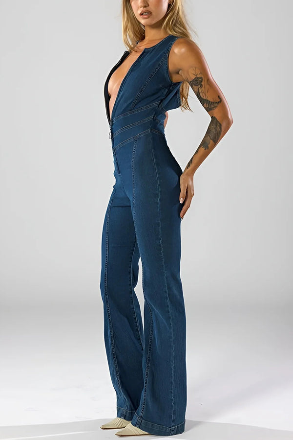 Fashionable Heart Hollow Back Slim High Waist Flared Denim Jumpsuit