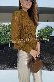 Palace Style Crochet Flower Lace Stand Neck Button Puff Sleeve Jacket