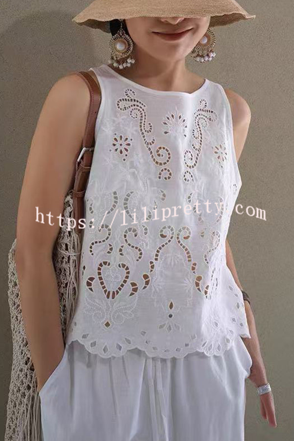 Linen Blend Solid Color Embroidered Hollow Loose Vest and Elastic Waist Casual Pocket Wide Leg Pants Set