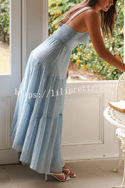 Solid Color Sleeveless Suspender Pleated Back Maxi Dress