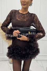 Alyssa Lace Fabric Tulle Layered Petals Trim Long Sleeve Mini Dress