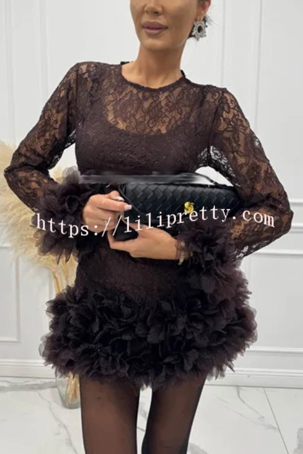 Alyssa Lace Fabric Tulle Layered Petals Trim Long Sleeve Mini Dress