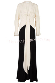 Fashion Contrast Color V-neck Tie High Waist Drape Maxi Dress