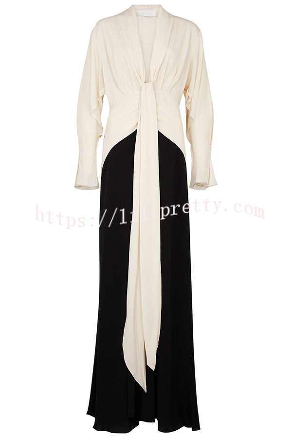 Fashion Contrast Color V-neck Tie High Waist Drape Maxi Dress