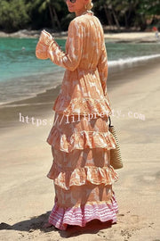 Soleil Conch Print Drawstring Waist Tiered Ruffles Cover-up Maxi Dress