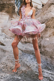 Floral Print V-neck Halter Back Tie Double Layer Mini Dress