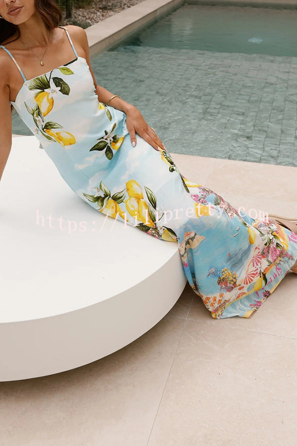 Summer Lemon Print Elegant Suspender Back Lace Up Maxi Dress