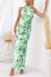 Lilipretty Happier Now Satin Floral Halter Maxi Dress