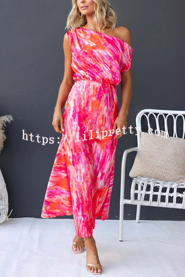Satin Unique Print One Shoulder Tie Waist Slit Maxi Dress