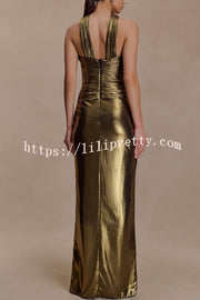 Clemence Plisse Metallic Fabric Reverse Halter Beck Strap Drape Slit Maxi Dress