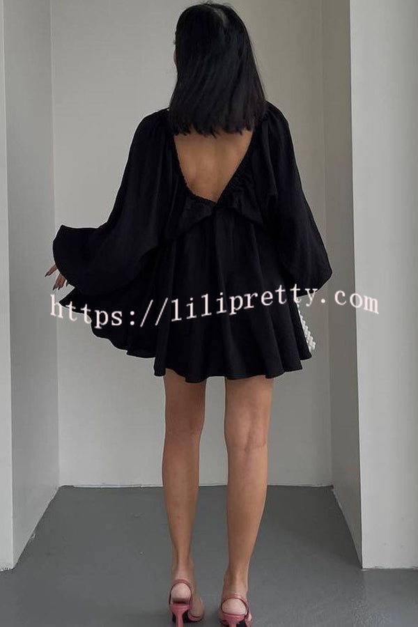 V Neck Puff Sleeve Solid Color Resort Style Mini Dress