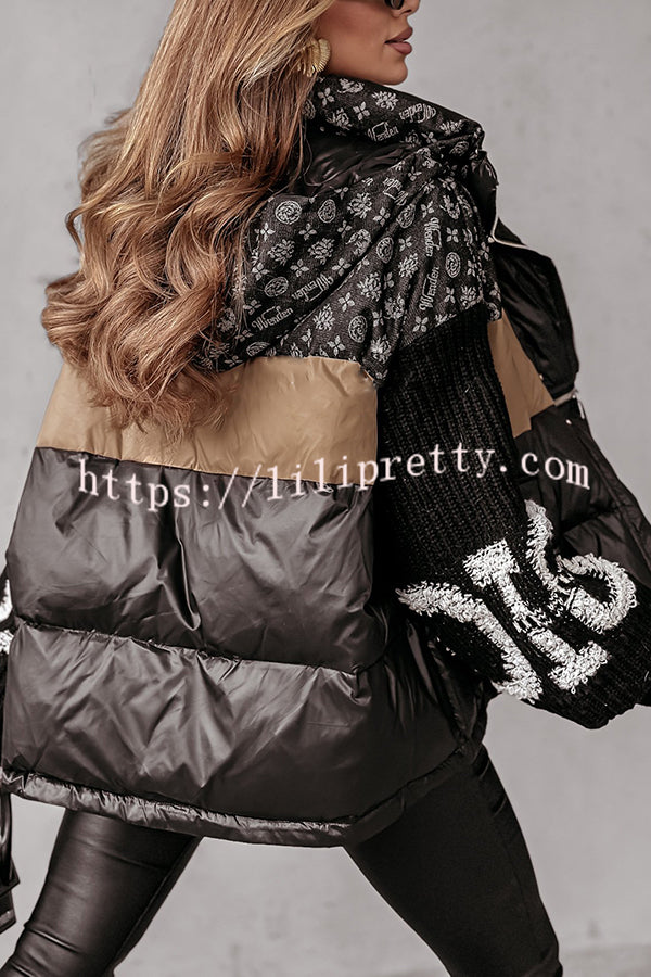 Stylish Denim Knit Long-sleeved Patchwork Hooded Pocket Thickened Jacket