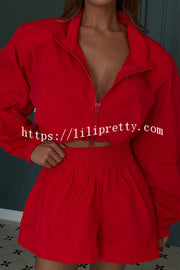 Solid Color Lapel Long-sleeved Loose Zipper Jacket and Elastic Waist Casual Shorts Set