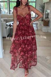 Romantic and Elegant Mesh Floral Back Smocked Tiered Ruffle Maxi Dress