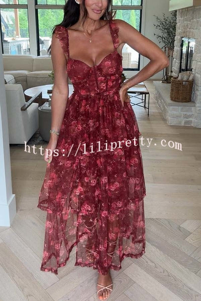 Romantic and Elegant Mesh Floral Back Smocked Tiered Ruffle Maxi Dress