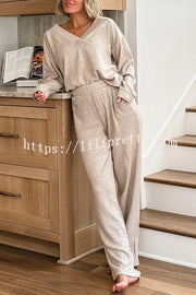 Oatmeal Morning Solid Color V-neck Sweatshirt and Elastic Waist Pocketed Lounge Pants Set