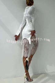Melissa Satin High Neck Long Sleeve Curved Hem Top and Lace Midi Skirt Set