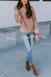 Knitted Striped Round Neck Dolman Sleeve Casual Loose Sweater