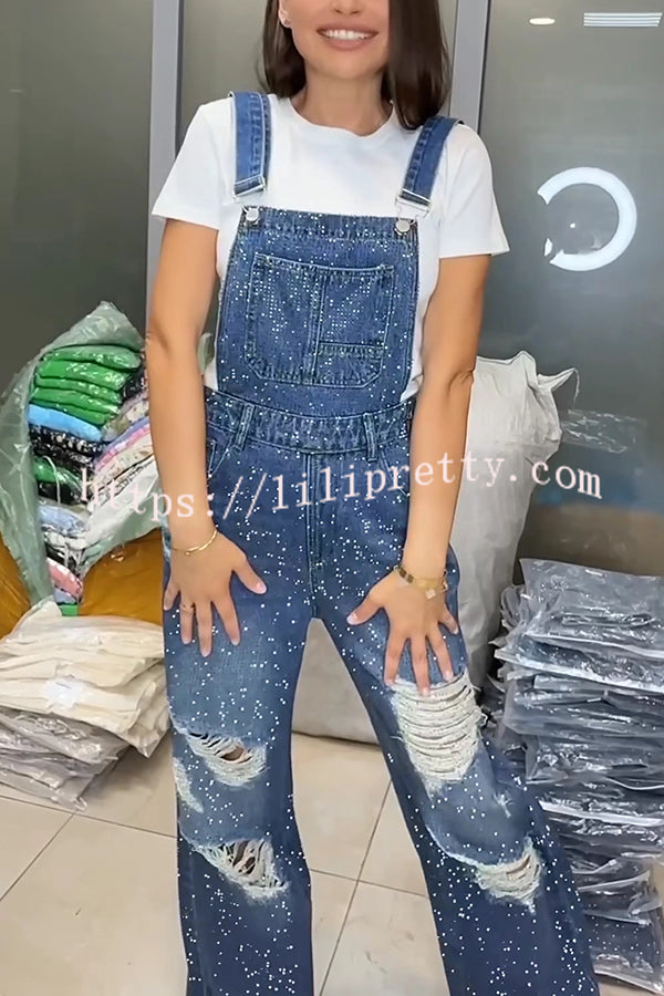 Fashionable Hot Diamond Casual Pocket Ripped Denim Overalls