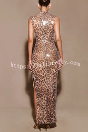 Sparkle Every Step Leopard Sequin Pattern High Neck Slit Stretch Maxi Dress