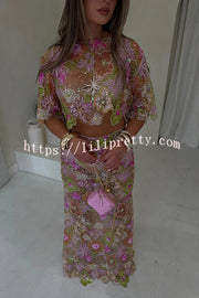 Fashionable Embroidered Flower Sequined Crop Top and Elegant Sheer Maxi Skirt Set