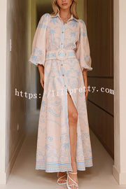 Linen Blend Lapel Puff Sleeve Casual Waist Belted Maxi Dress