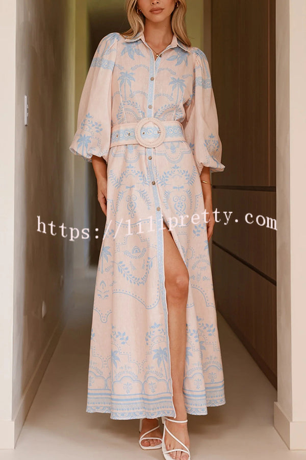Linen Blend Lapel Puff Sleeve Casual Waist Belted Maxi Dress