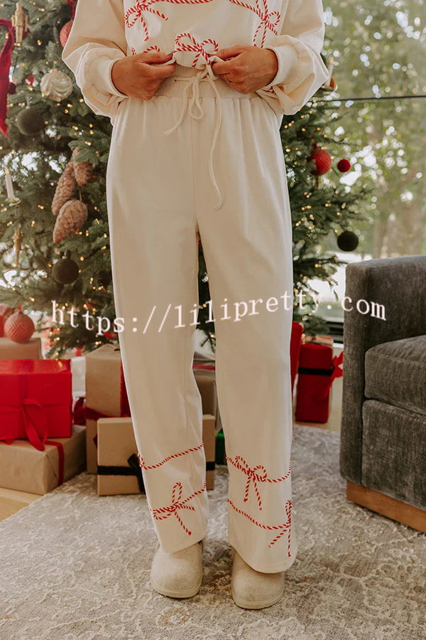 Candy Cane Cutie Loose Bow Tie Long-Sleeved Sweatshirt and Elastic Waist Pocket Pants Set