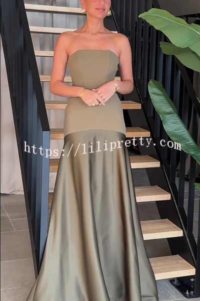 Timeless Elegance Satin Patchwork Strapless Flare Gown Maxi Dress