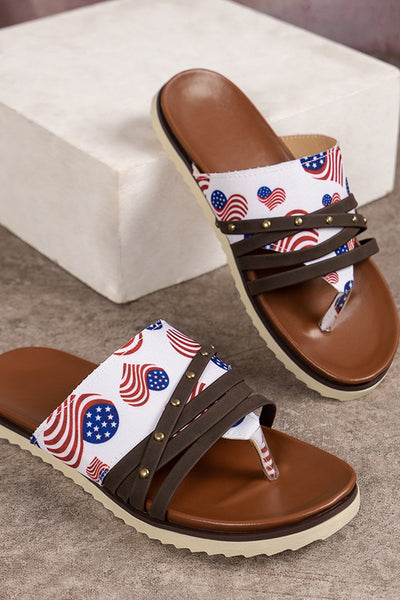 Independence Day Heart Shaped Flag Print Retro Strappy Rivet Beach Slippers