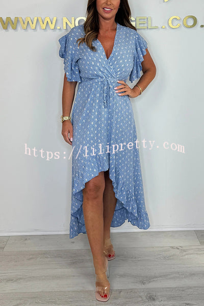 Resort Style V-neck Ruffle Sleeves Waist Tie Irregular Midi Dress