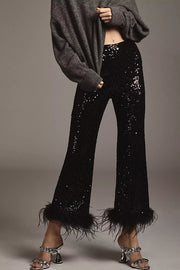 New Year Eve Sequin Feather Trim High Rise Back Zipper Flare Pants
