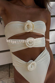 Three Dimensional Flower Bandeau One Piece Swimsuit