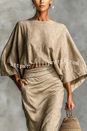 Linen Blend Batwing Sleeve Loose Top and Casual Pocket Maxi Skirt Set