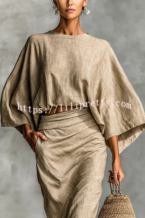 Linen Blend Batwing Sleeve Loose Top and Casual Pocket Maxi Skirt Set