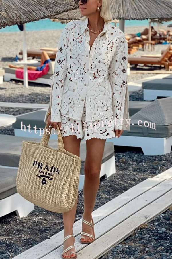 Always Favourite Lace Hollow Tie-up Slit Long Sleeve Shirt and Elastic Waist Shorts Set