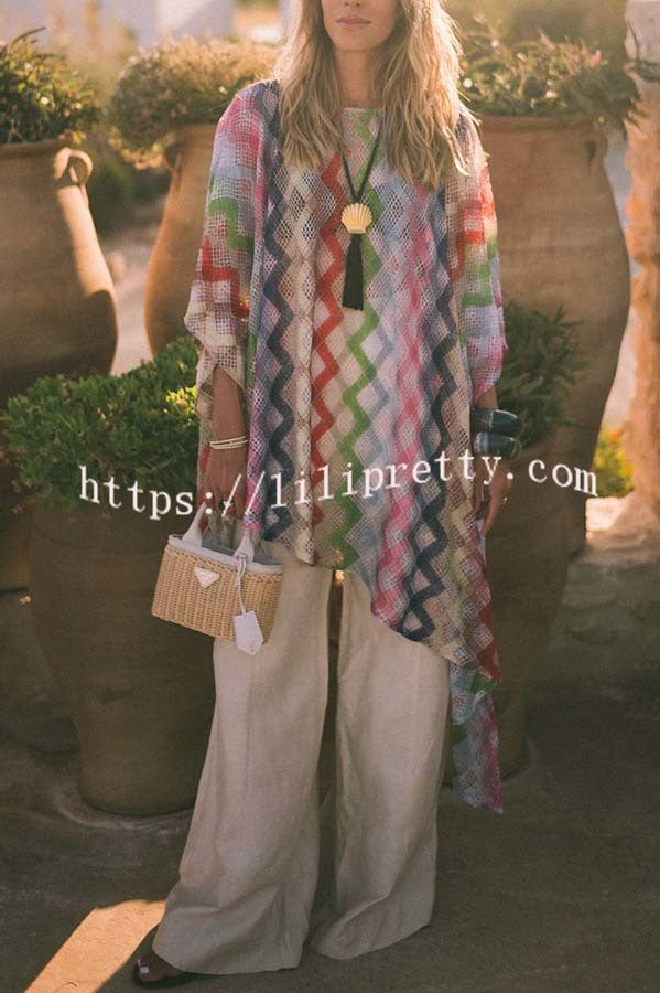 Sun Washed Knit Colorful Zigzag Pattern Asymmetric Hem Loose Cover-ups Kaftan