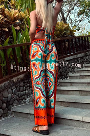 Ethnic Style Unique Print Tube Top and Elastic Waist Casual Pocket Wide Leg Pants Set
