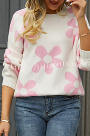 Lilipretty Floral Print Color Block Pullover Long Sleeve Sweater