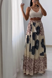 Unique Print Elastic High Waist Tie Pocket Holiday Style Wide Leg Pants