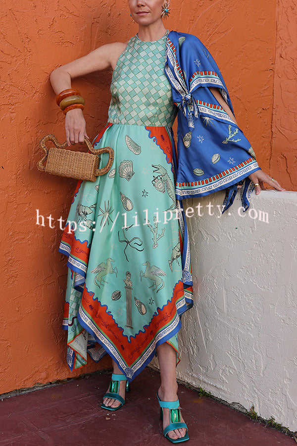 Surrealist Summer Satin Unique Print Tie-up Details Layered Hem Scarf Maxi Dress