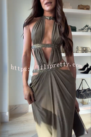 Khaki Hot-fix Rhinestone Shoulder Strap Cutout Design Backless Drape Maxi Dress