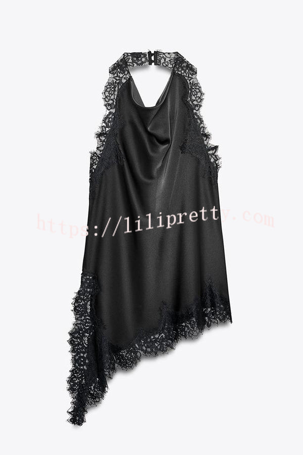 Dolly Satin Lace Trim Halter Cowl Neck Asymmetric Hem Tank